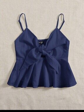 Women Tie-Front Shirred Back Navy Blue Peplum Cotton Cami Top Size Extra Small